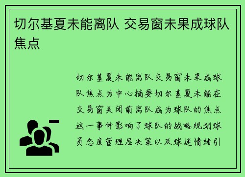 切尔基夏未能离队 交易窗未果成球队焦点